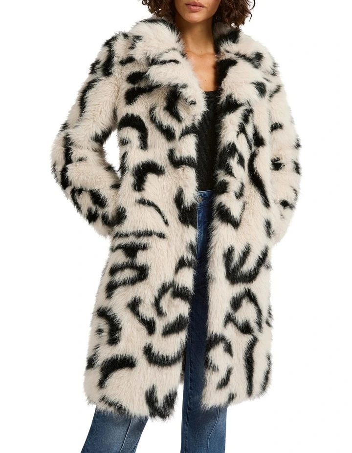 Mollie Faux Fur Coat in Ivory/Black