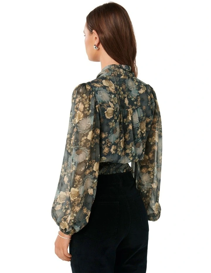 Gloria Shirred Printed Blouse in Blue Multi