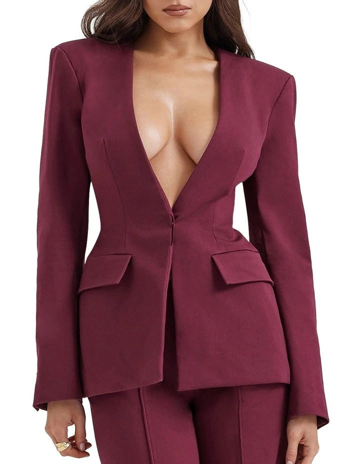 Theodora Deep V Blazer in Wine