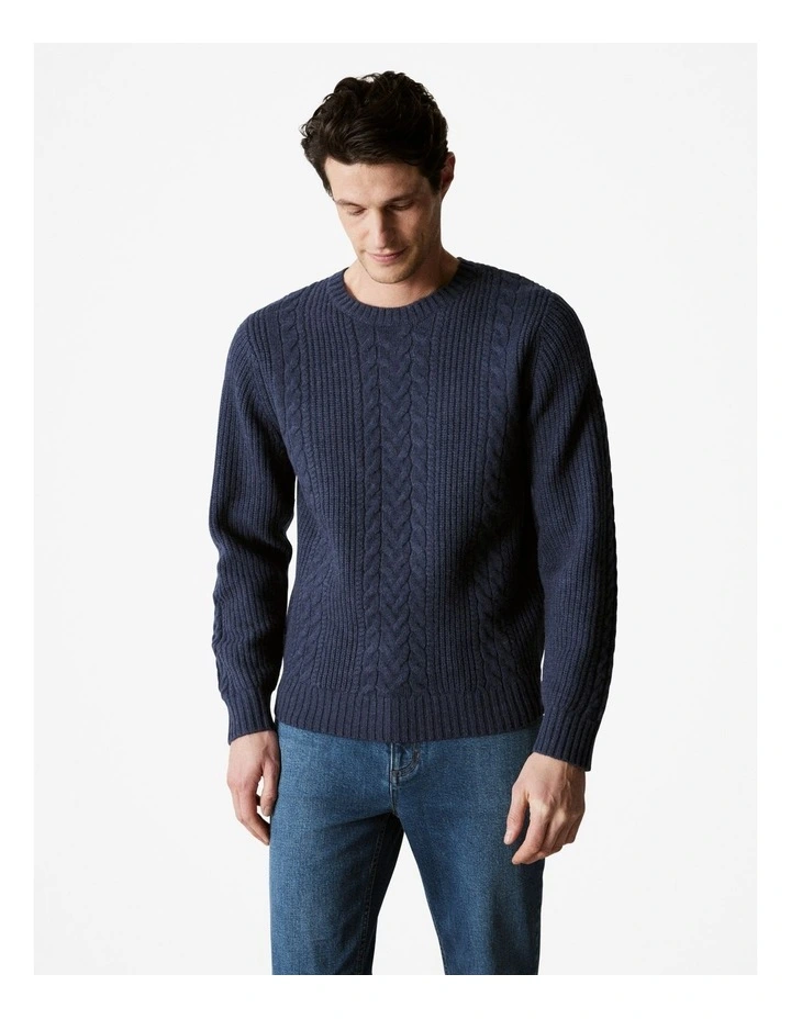 Wool Cable Knit Crew in Denim