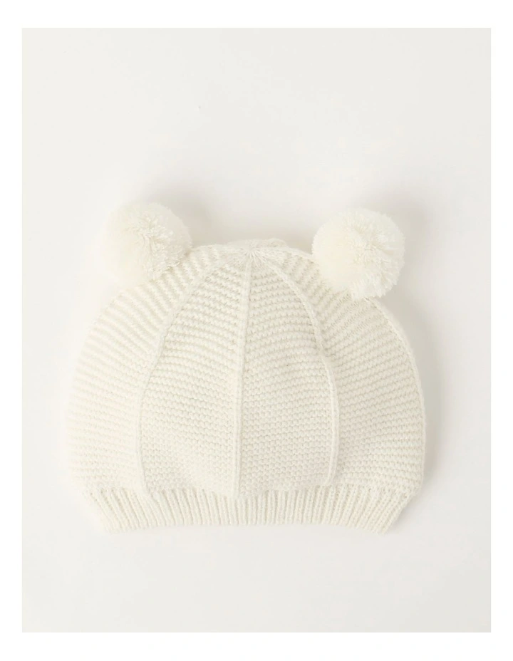 Garter Stitich Beanie with Pom Poms in Vanilla