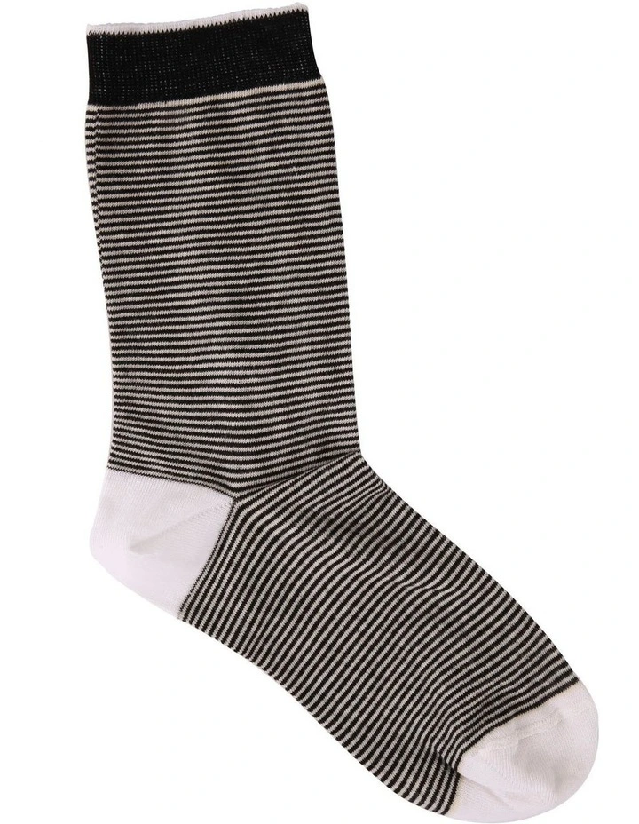 Lina Cotton Rich Fine Stripe Crew Length Socks in Creme/Ink