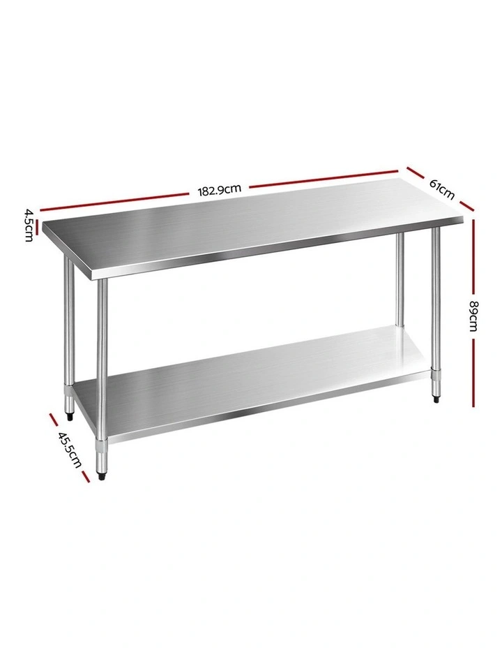 Commercial Stainless Steel Kitchen Bench 61 x 1829mm Silver