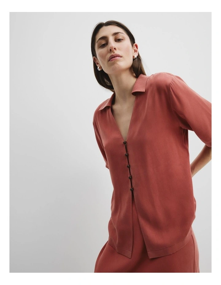 Cupro Button Front Top in Russet
