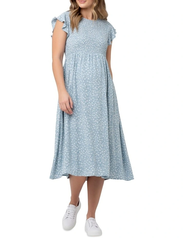 Ava Shirred Dress in Blue