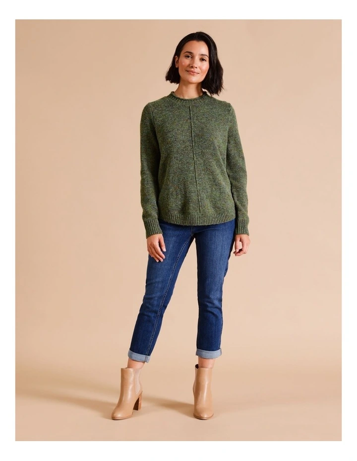 Recycled Polyester Blend Curved Hem Jumper With CF Seam In Khaki Multi Fleck