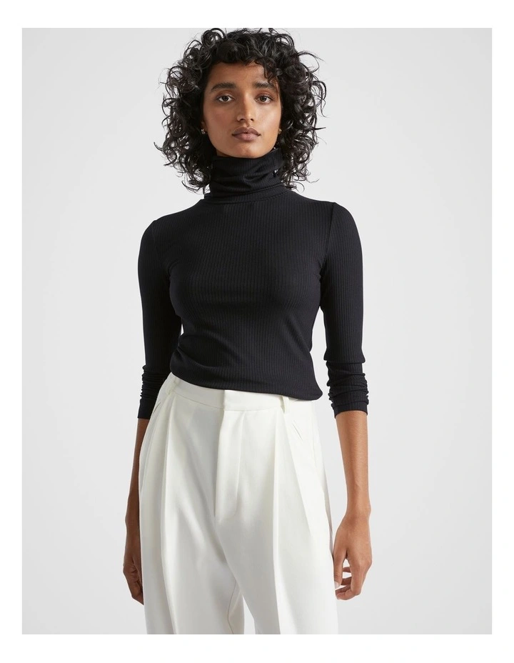 Core Rib Roll Neck Top in Black