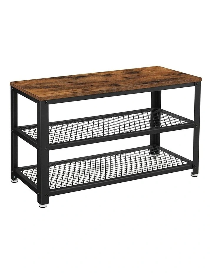 Shoe Rack Bench with 2 Mesh Shelves in Rustic Brown/Black