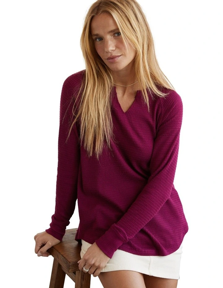 Long-Sleeve Waffle Plush Tee in Red