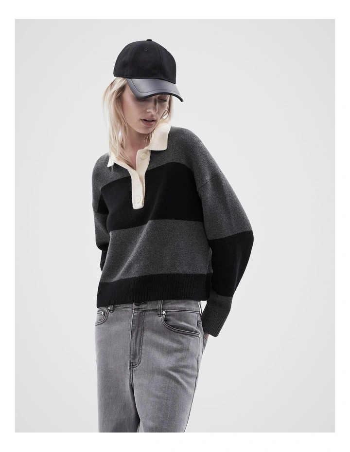 Collared Stripe Knit Jumper in Black Ptnt