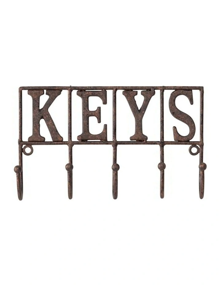 Cast-Iron 'Keys' Sign 5 Hook Hanger in Brown