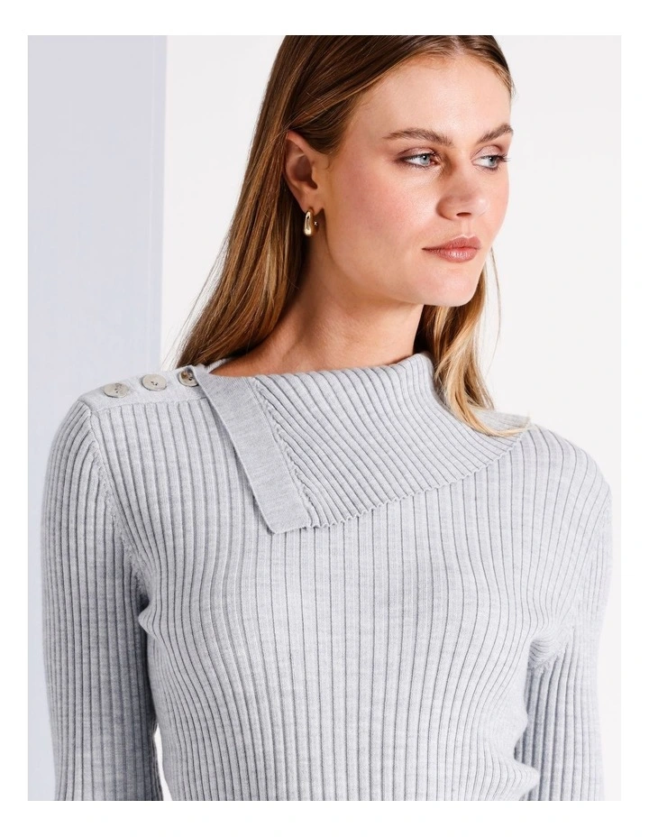 Wool Blend Button Neck Jumper in Grey