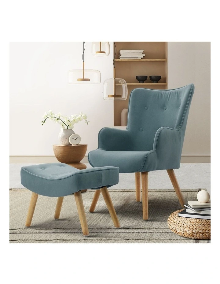Armchair Set with Ottoman in Blue Lansar