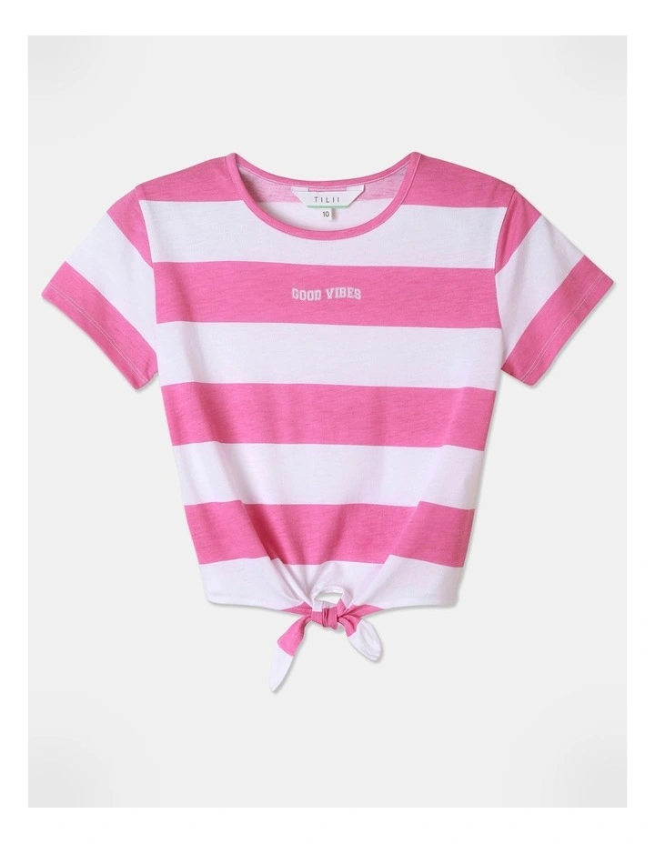 Knit Viscose Tie Front Tee in Pink
