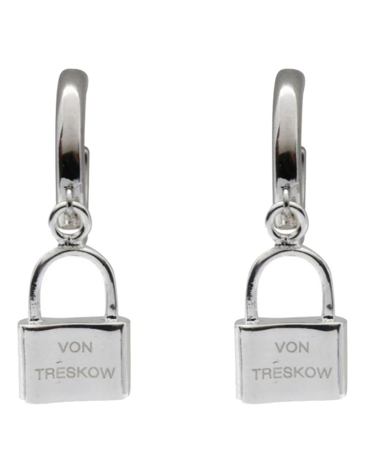 Von Treskow Ss 13mm Huggie Hoop Earrings with Tiny engraved Lock in Silver