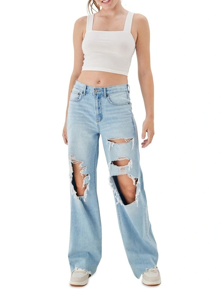 Ripped Super High-Waisted Baggy Wide-Leg Jean in Destroyed Light Wash