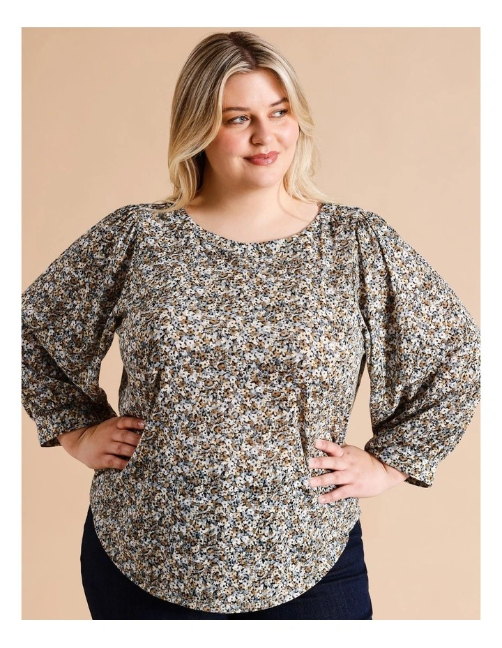 Recycled Polyester Blend 3/4 Blouson Sleeve Burnout Tee in Ditsy Floral
