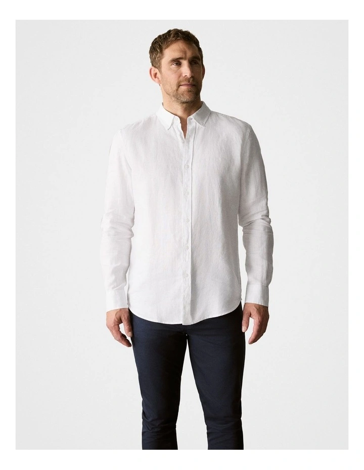 Linen Piece Dyed Long Sleeve Shirt in White