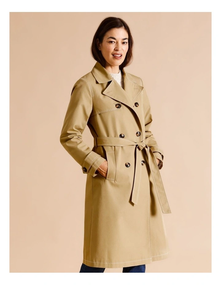 Lined Trench Coat With Contrast Stitching In Camel