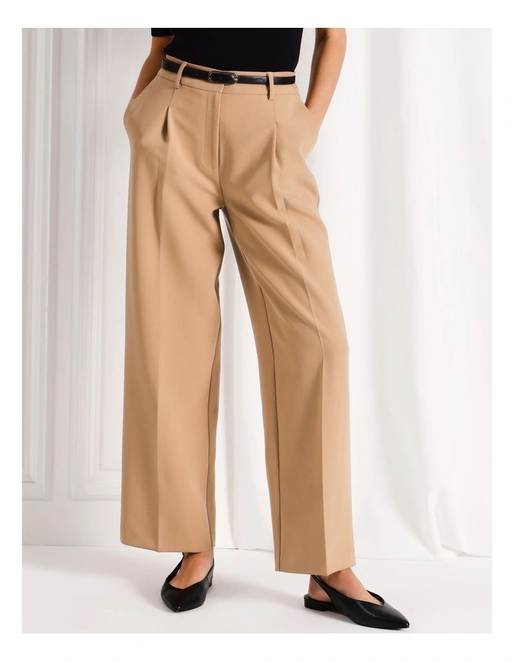 Recycled Blend Pleat Front Wide Leg Pant With Belt in Camel