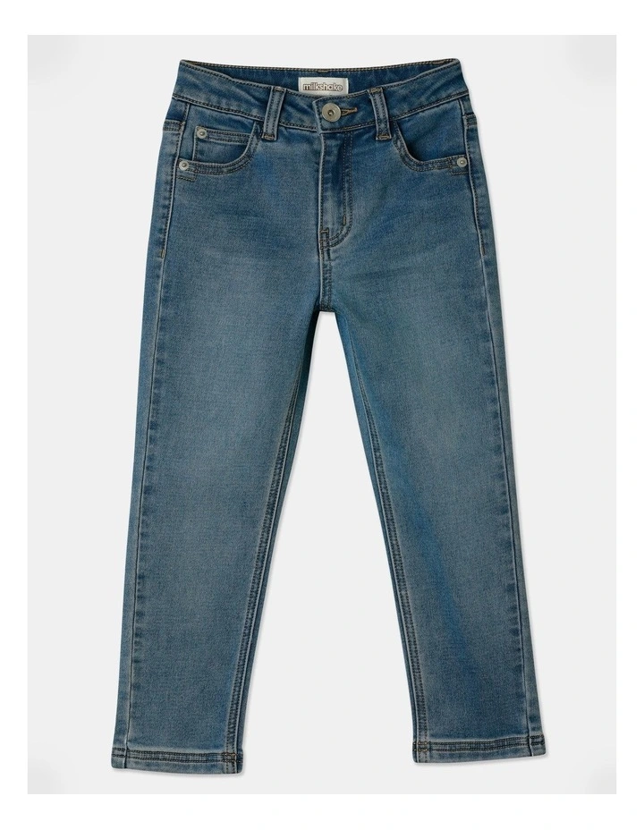 5 Pocket Knit Straight Leg Jeans in Mid Denim
