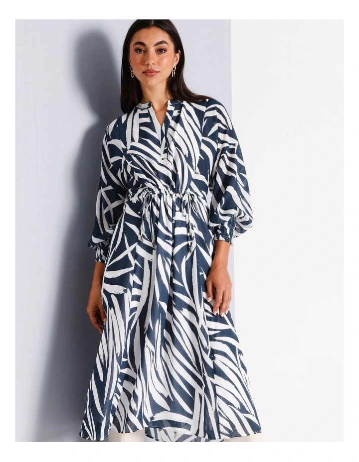 Recycled Polyester Blend Draw Cord Midi Dress in Airforce