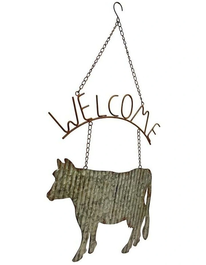 Metal Cow Welcome Sign Hanging in Brown