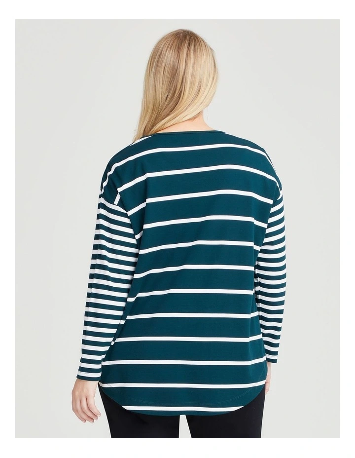 Bamboo Ponte Mix Stripe Top in Evergreen/Off White