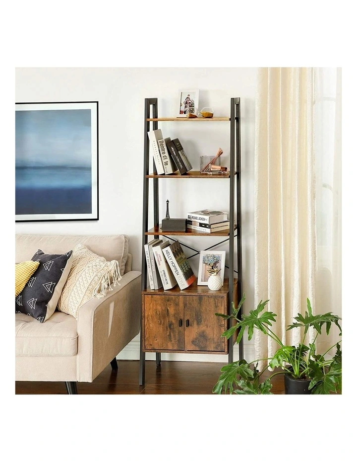 Ladder Bookcase with Cupboard in Rustic Brown