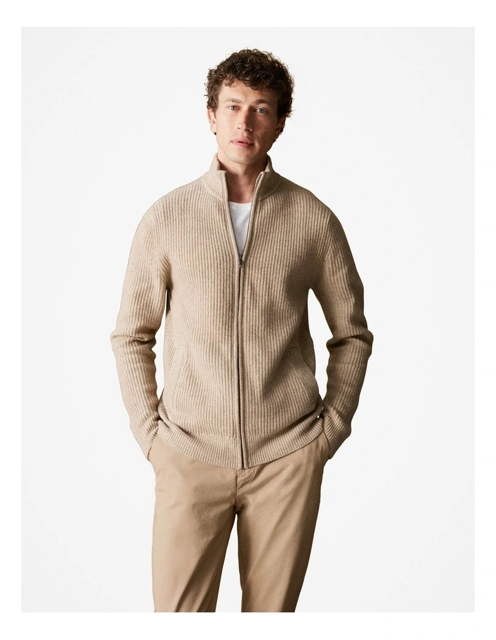 Merino Plaited Rib Zip Through Cardigan in Oatmeal