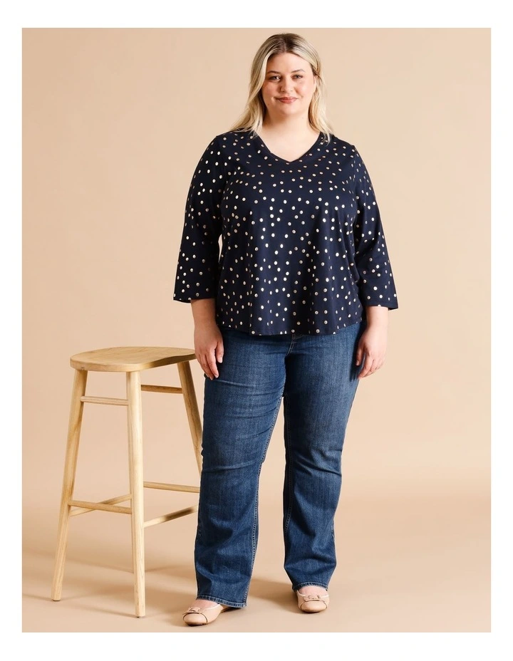 Organic Cotton Wardrobe Staple 3/4 Sleeve Tee In Navy With Gold Spot Foil