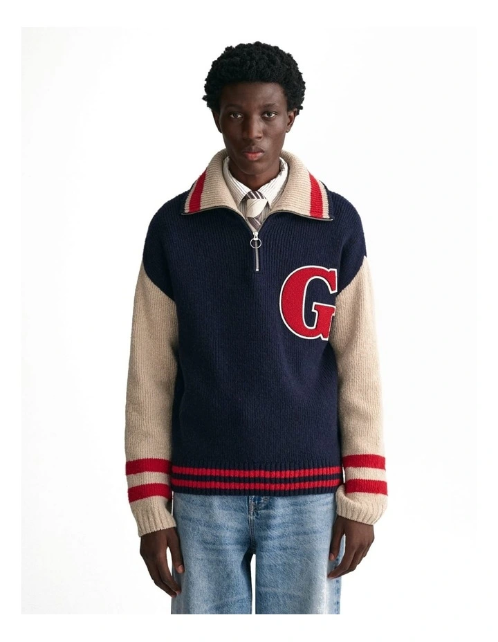 Wool Nepps Letterman Half Zip Sweater in Evening Blue