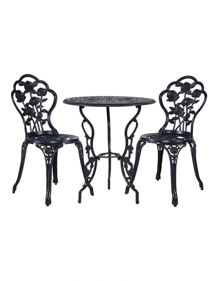 Aluminum 3 Piece Outdoor Setting Bistro Chairs And Table Set in Black