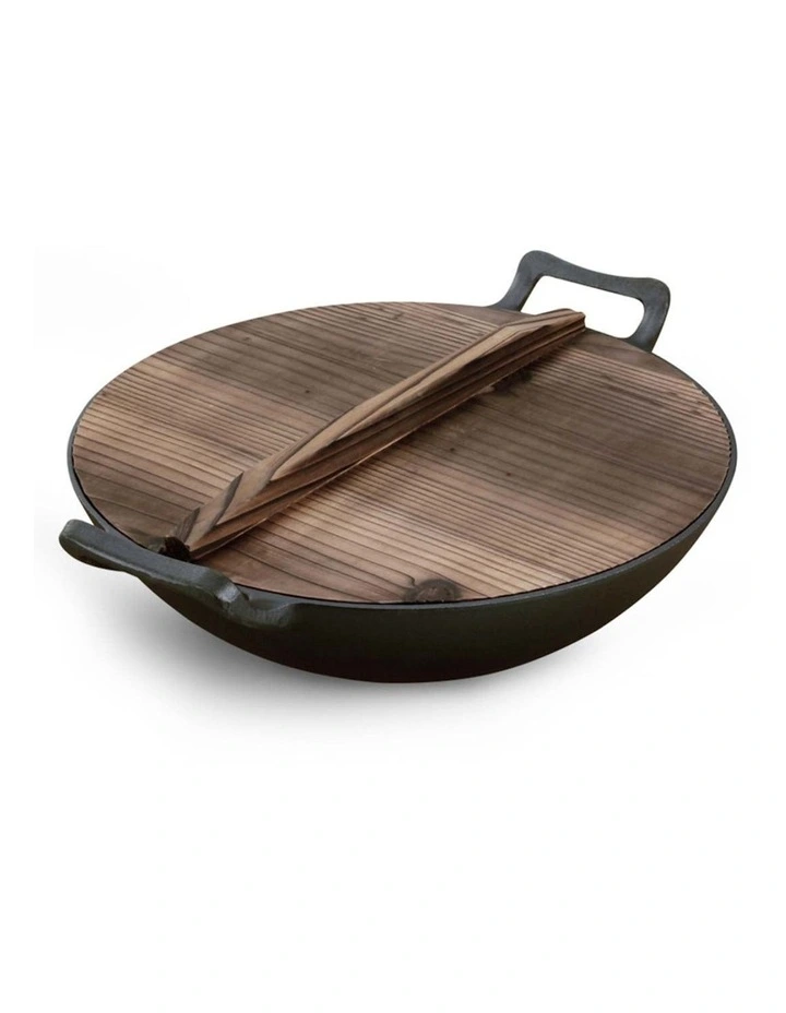 Commercial Cast Iron Wok Frypan With Wooden Lid 36cm in Black