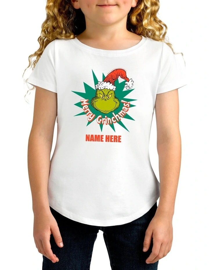 Girl's Dr.Seuss Merry Grinchmas Personalised Cotton T Shirt