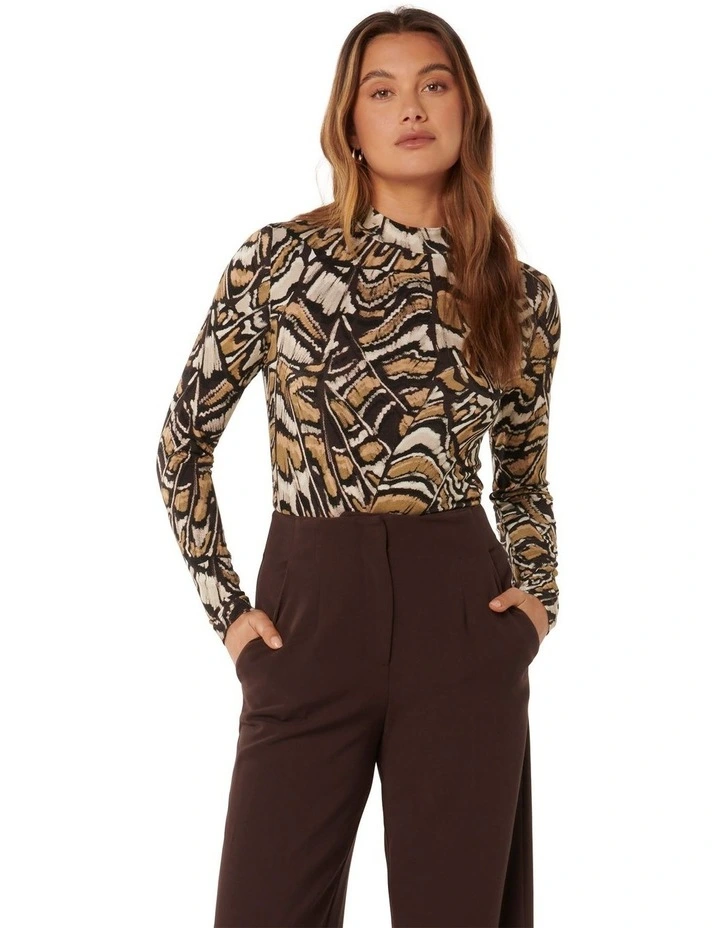 Valera Skivvy Neck Long Sleeves Top in Brown Multi