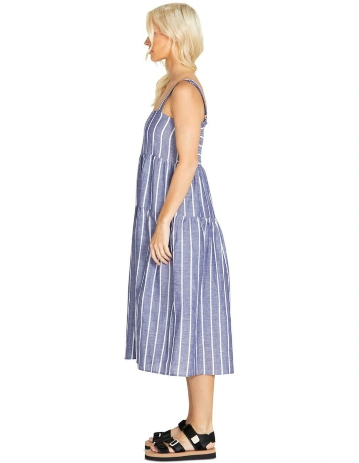 Lydia Shirred Back Midi Dress in Navy Stripe