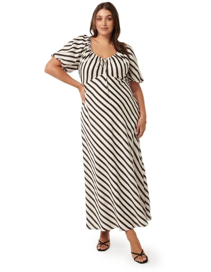 Angela Curve Puff Sleeve Midi Dress in Chocolate