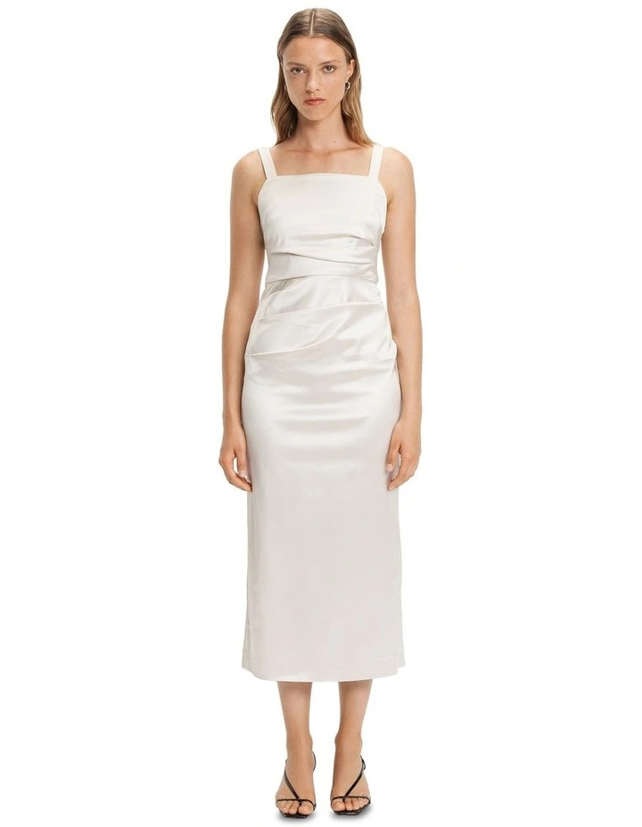 Ruched Square Neck Midi Dress in Shell