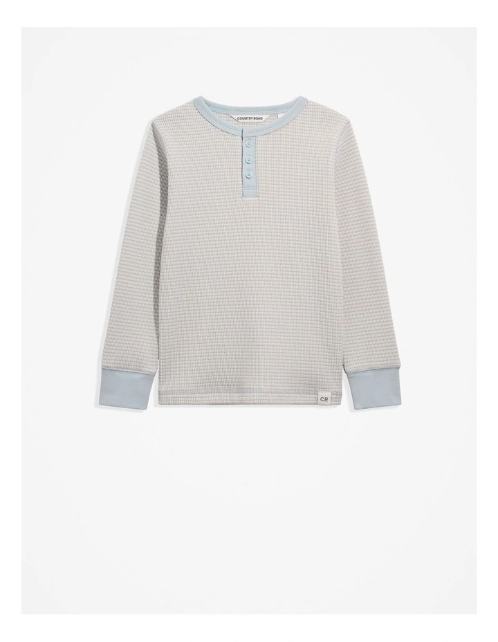 Organically Grown Cotton Stripe Waffle Henley Tee in Washed Blue