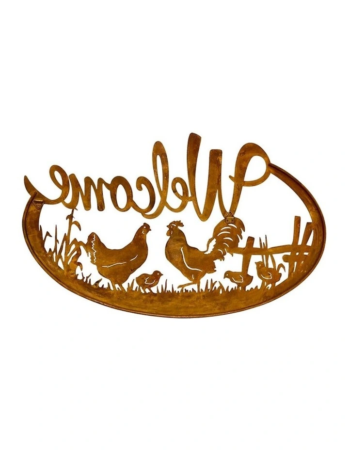 Chickens Welcome Sign Outdoor Wall Art in Rust