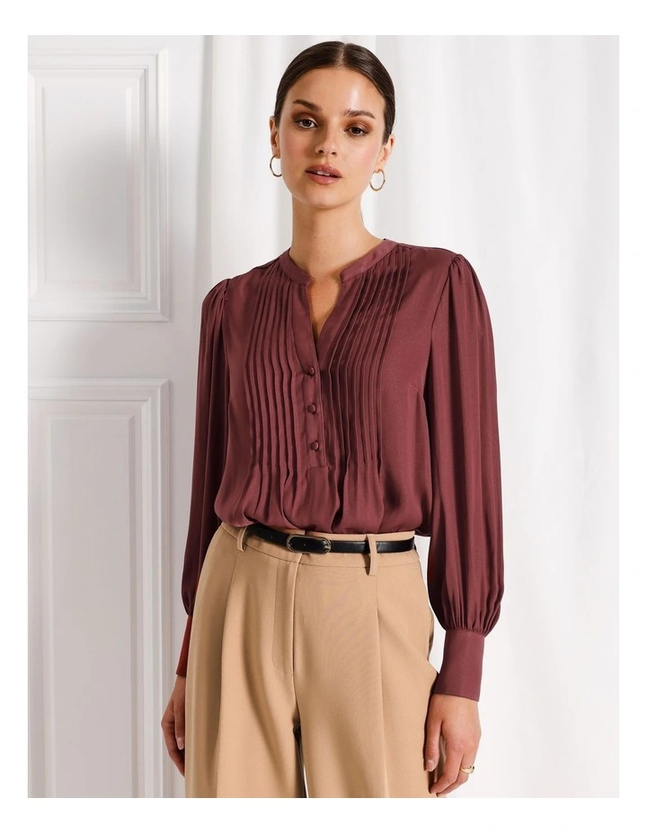 Recycled Blend Satin Pintuck Long Sleeve Blouse in Rouge