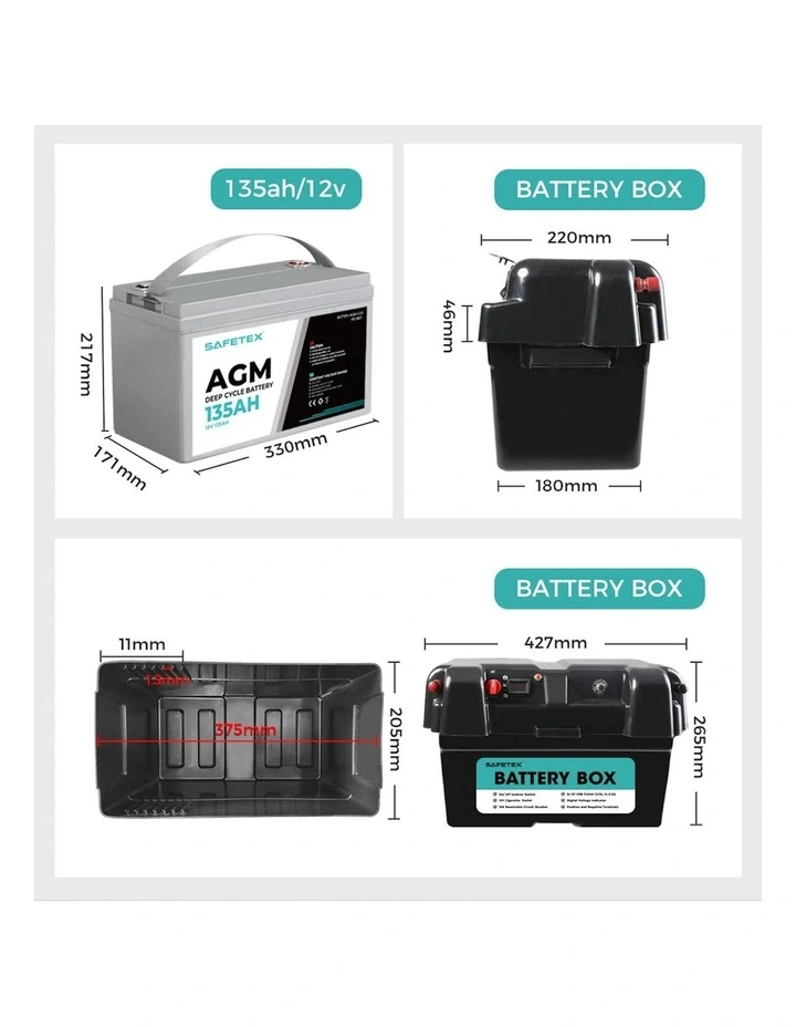 12V 135Ah AGM 4WD Deep Cycle Battery with Strap Battery Box