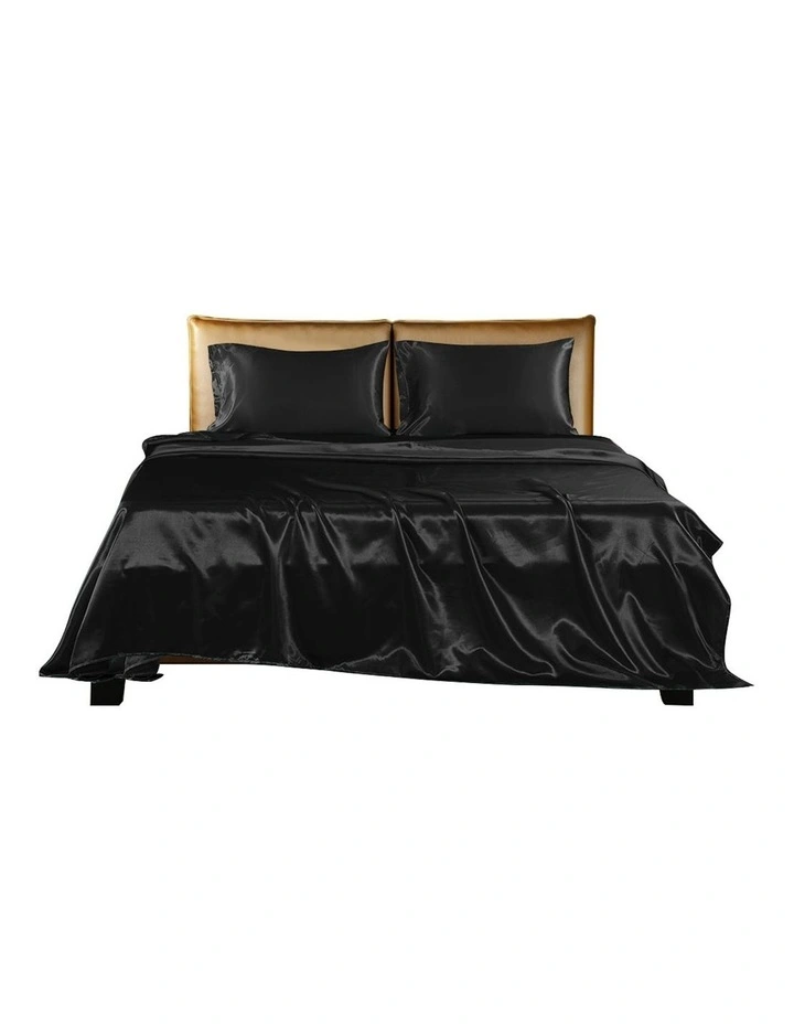 Silky Satin Double Fitted Flat Bed Sheets With Pillowcases in Black