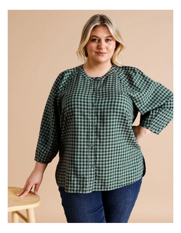 European Linen Blend Raglan Short Sleeve Shirt in Eucalyptus/Navy Gingham