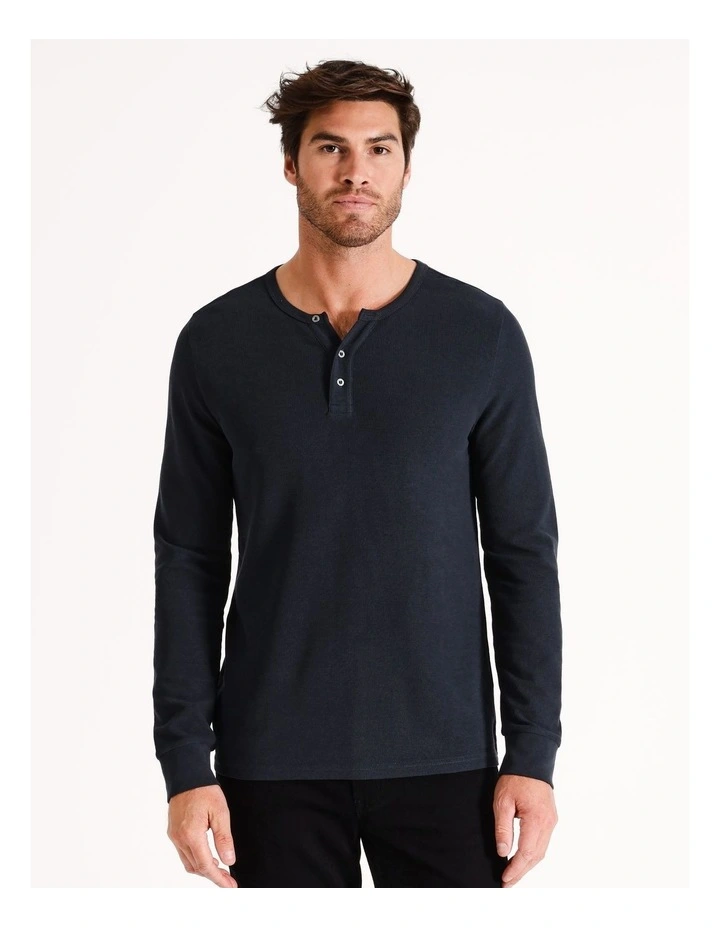 Neeson Long Sleeve Waffle Henley Tee in Ink
