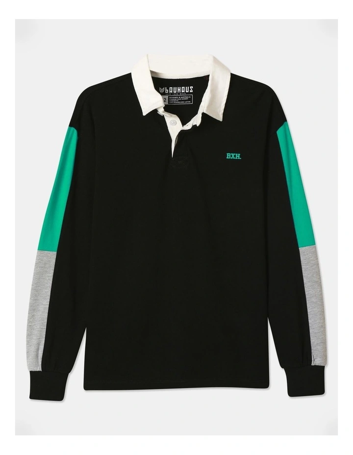 Long Sleeve Knit Rugby Shirt in Black