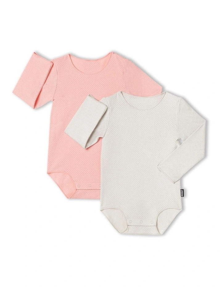 Wondercool Eyelet Long Sleeve Bodysuit 2 Pack in White Banksia/Pink