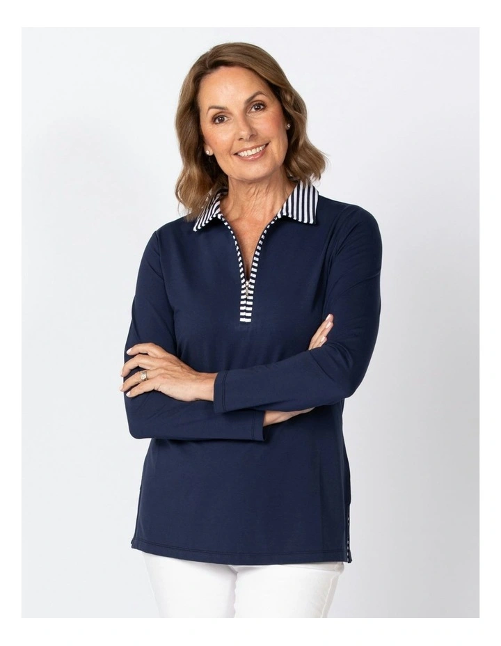 Caddie Long Sleeve Zip Polo Top in Navy