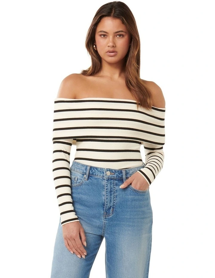 Louise Ribbed Long Sleeve Bardot Top in Cream/Black Stripe